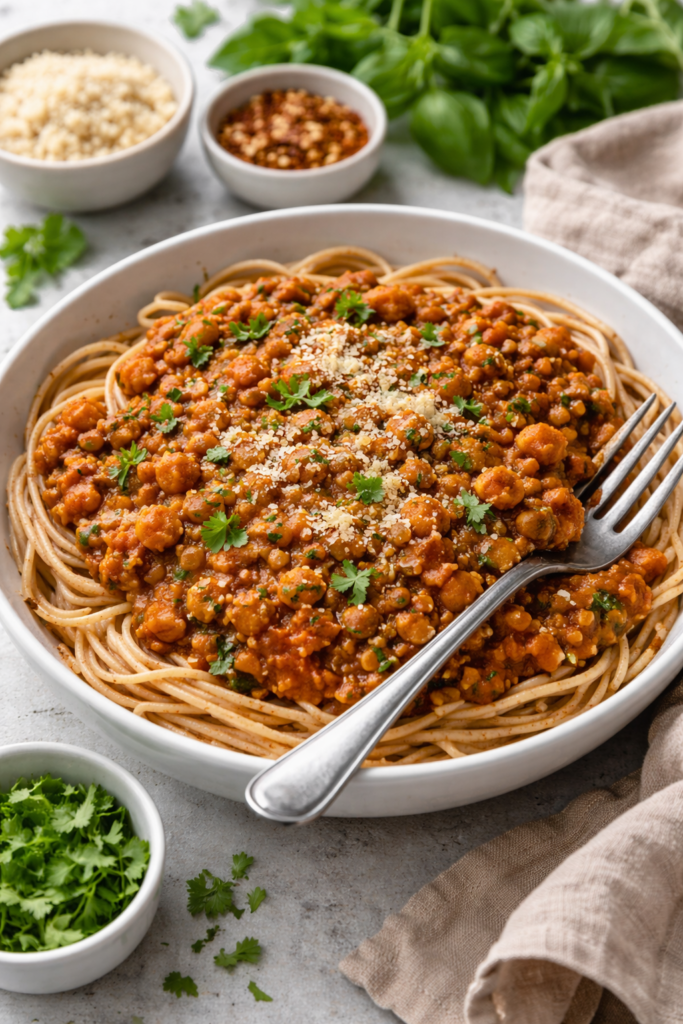 Current image: High-protein vegan lentil bolognese with whole wheat pasta