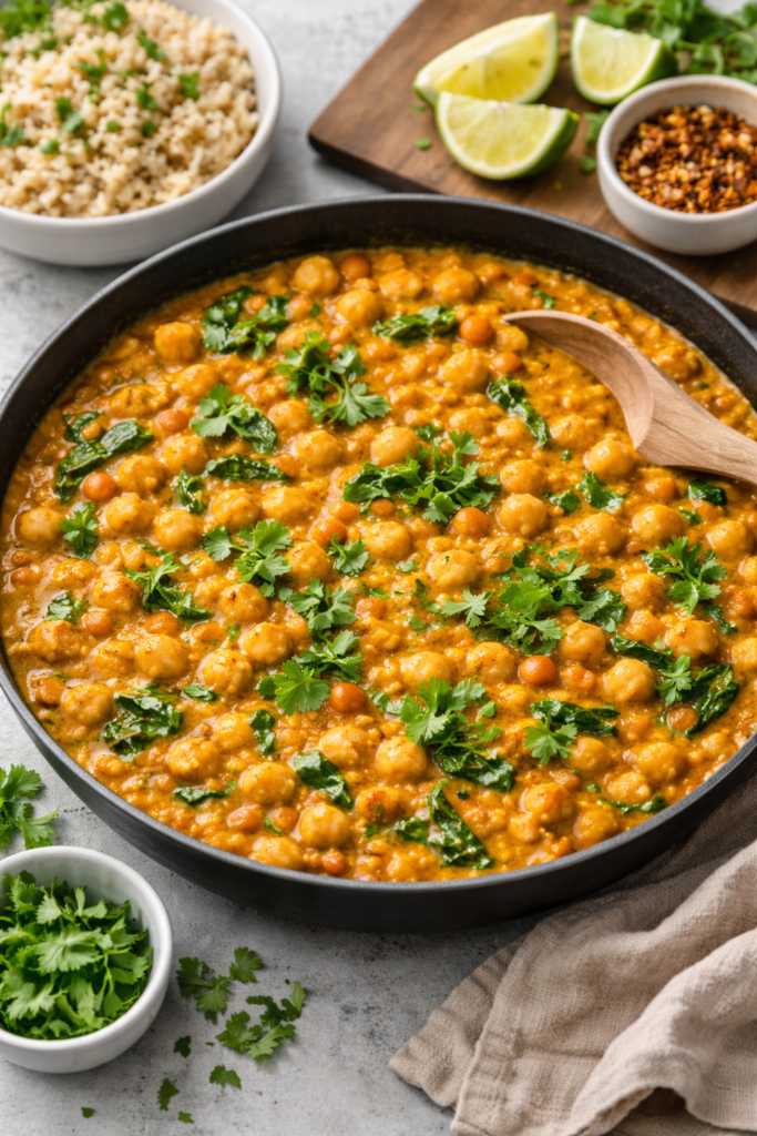 High-protein vegan chickpea curry with lentils and coconut milk