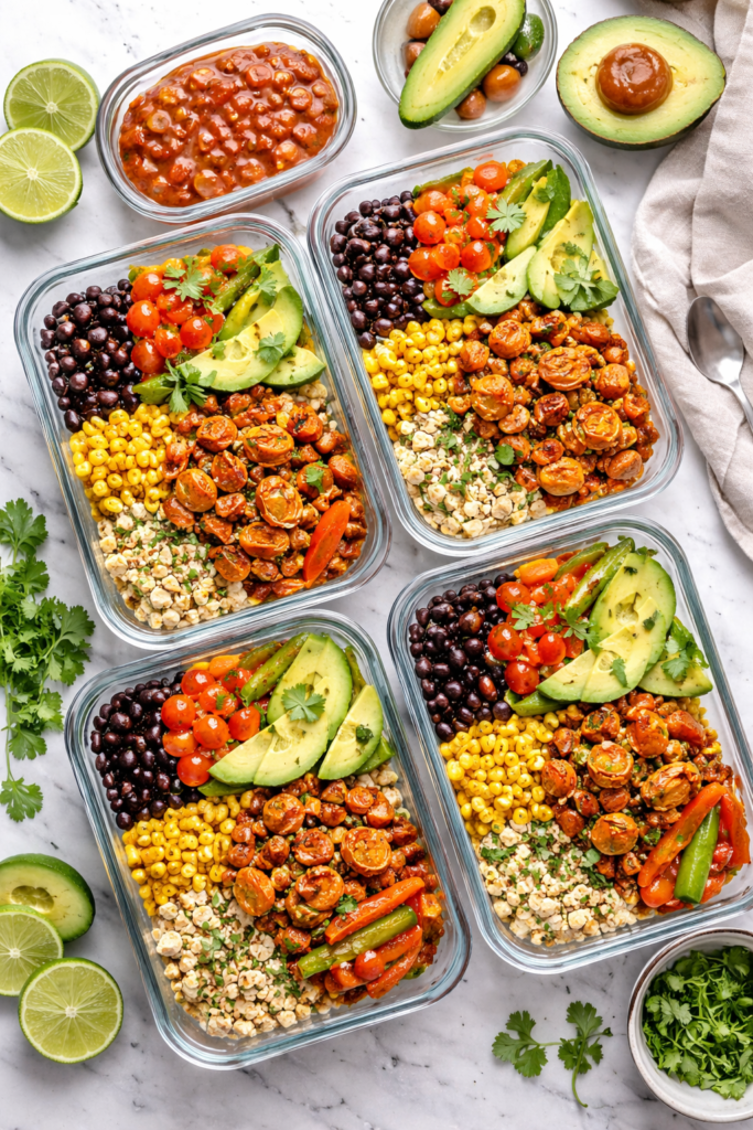 Current image: high protein vegan burrito bowls meal prep